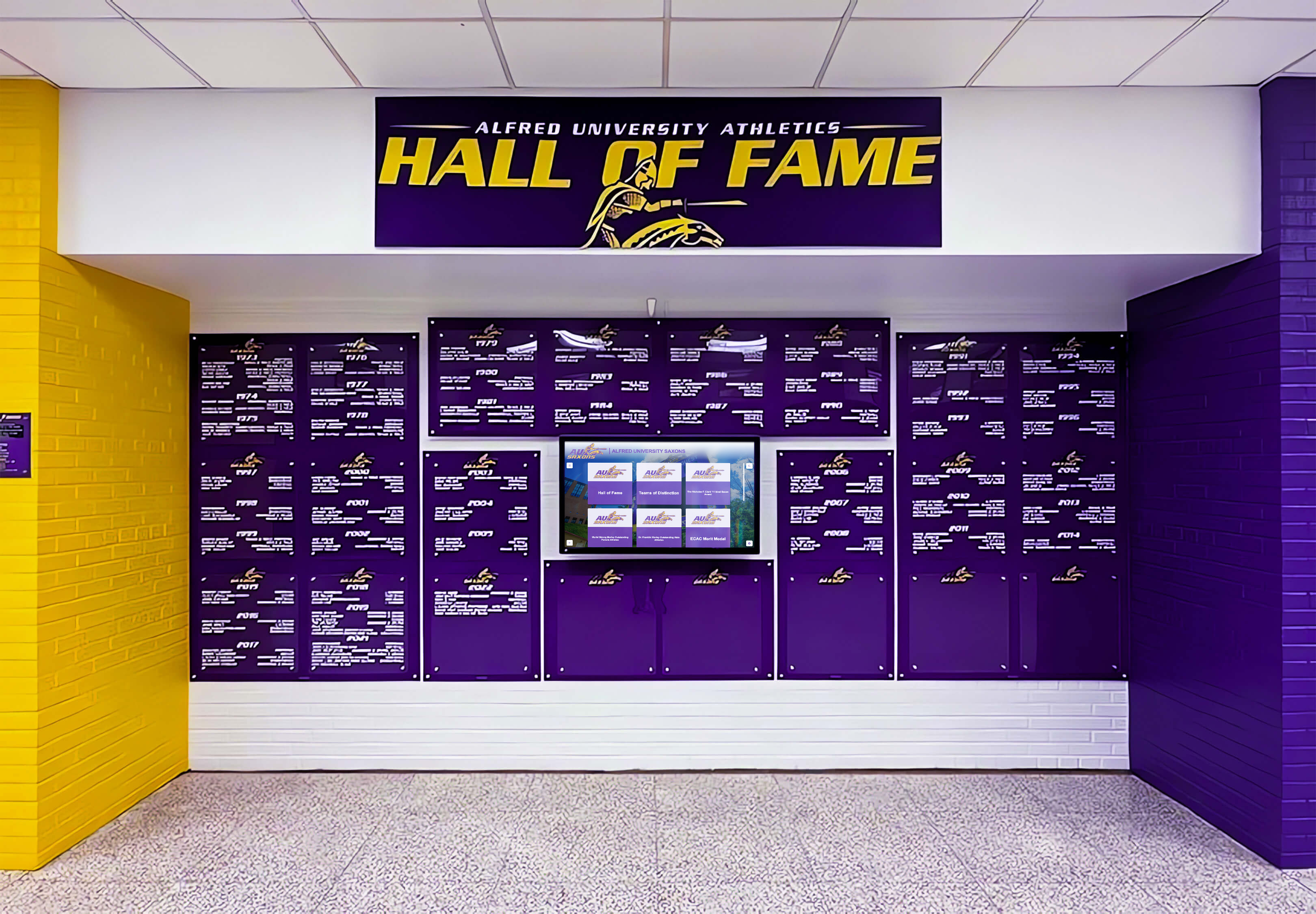 School recognition wall displaying chapter achievement with organized visual hierarchy and complementary colors Alfred University athletics hall of fame display with blue and gold recognition wall