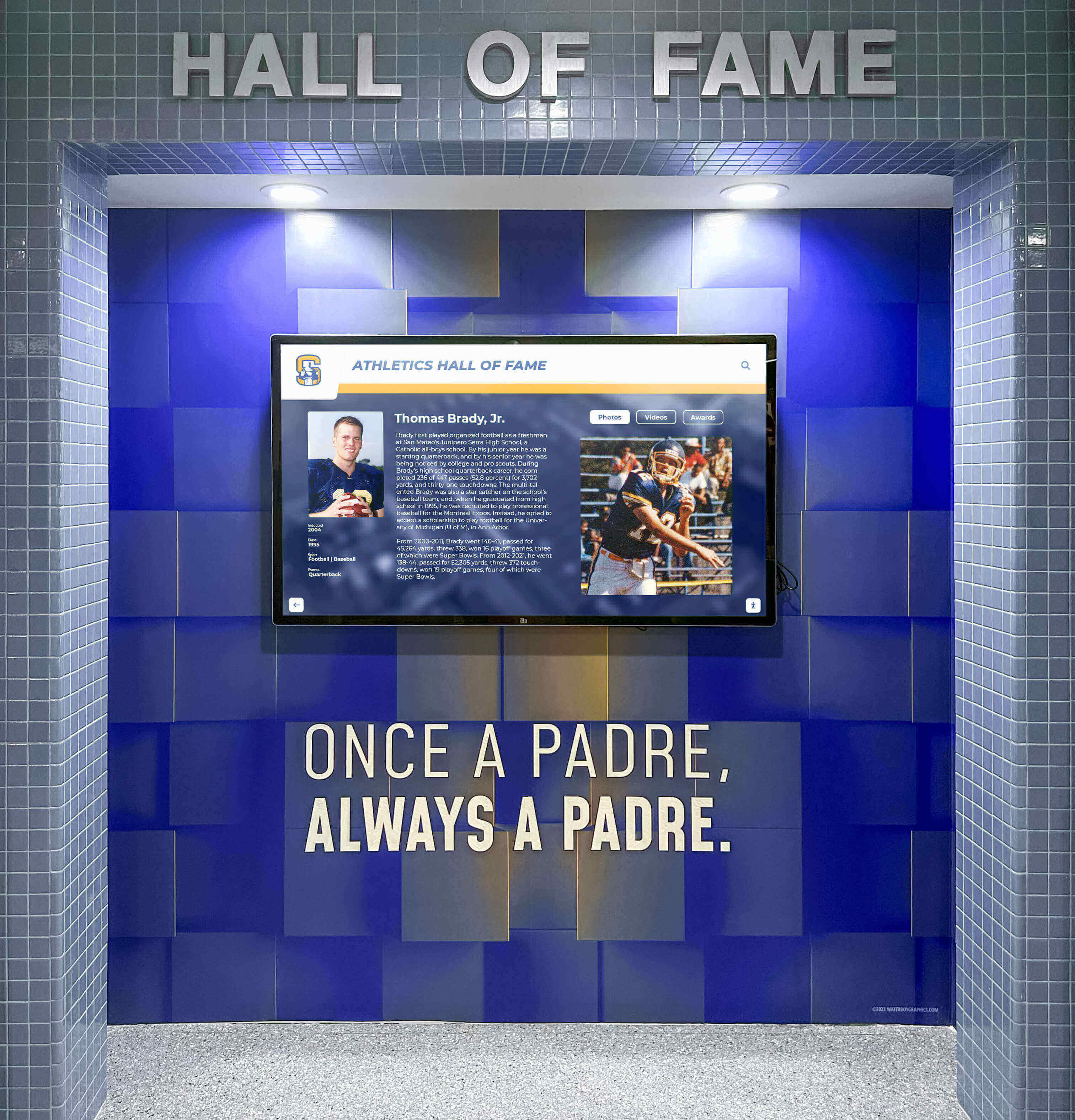 Athletics hall of fame digital screen on blue tiled wall