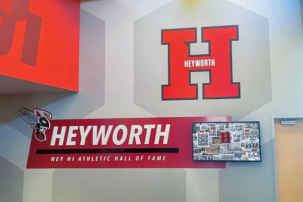 Heyworth athletic hall of fame wall sign in school building