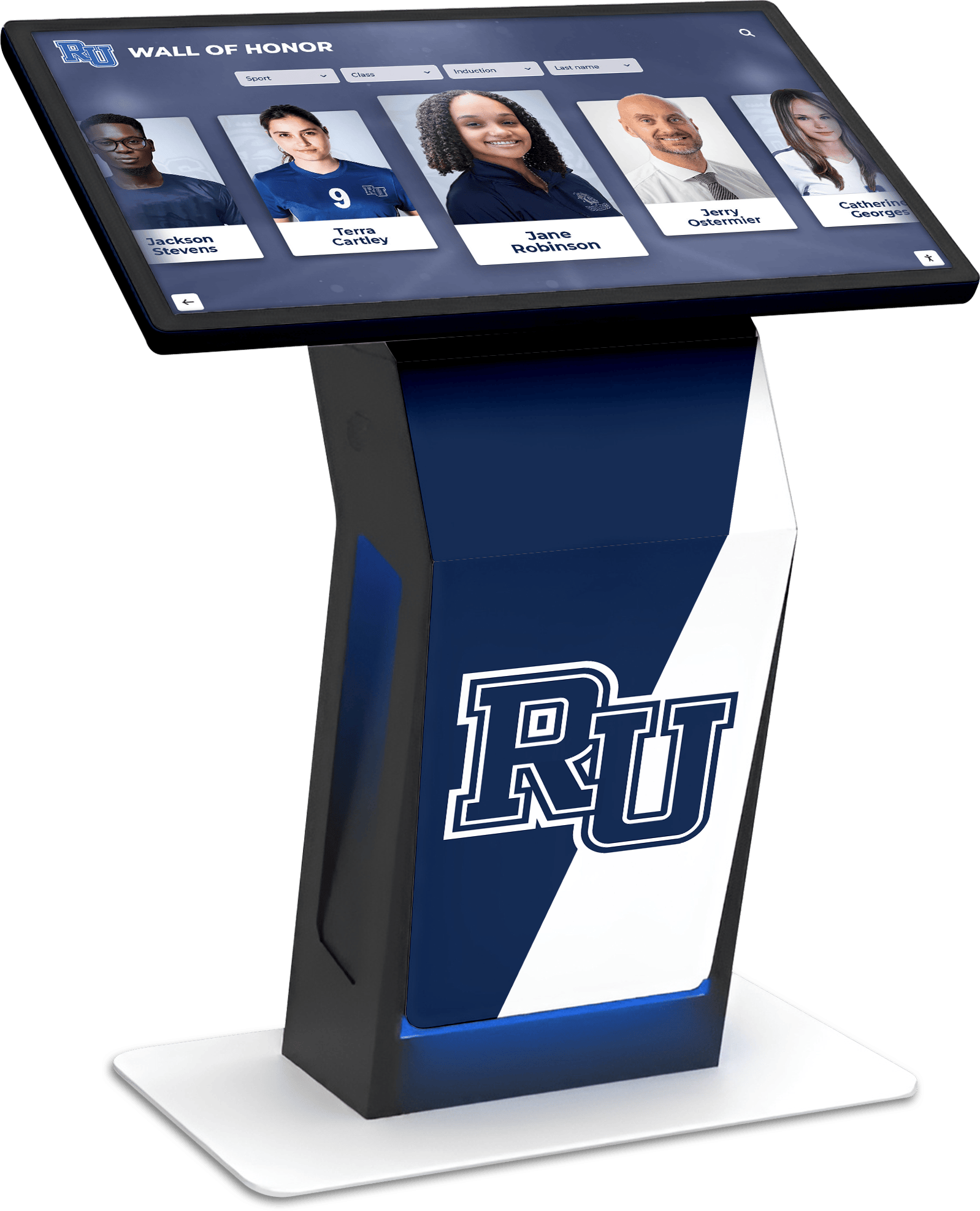 Interactive touchscreen honor wall kiosk with RU logo