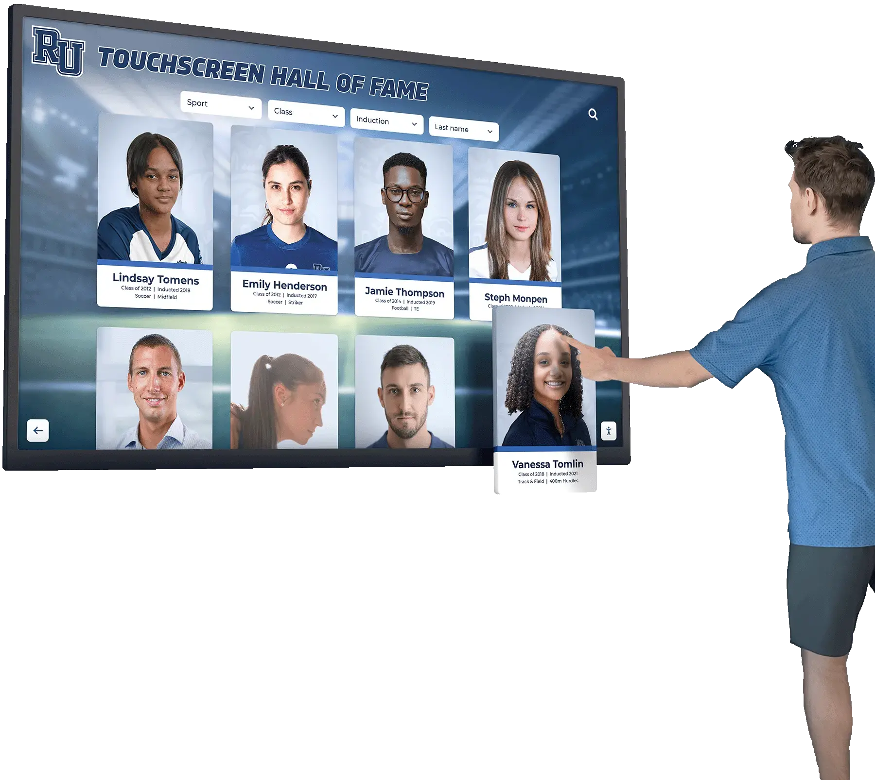 Visitor interacting with touchscreen hall of fame system showing athlete and student recognition profiles Person using touchscreen Hall of Fame display with athlete profiles in school setting