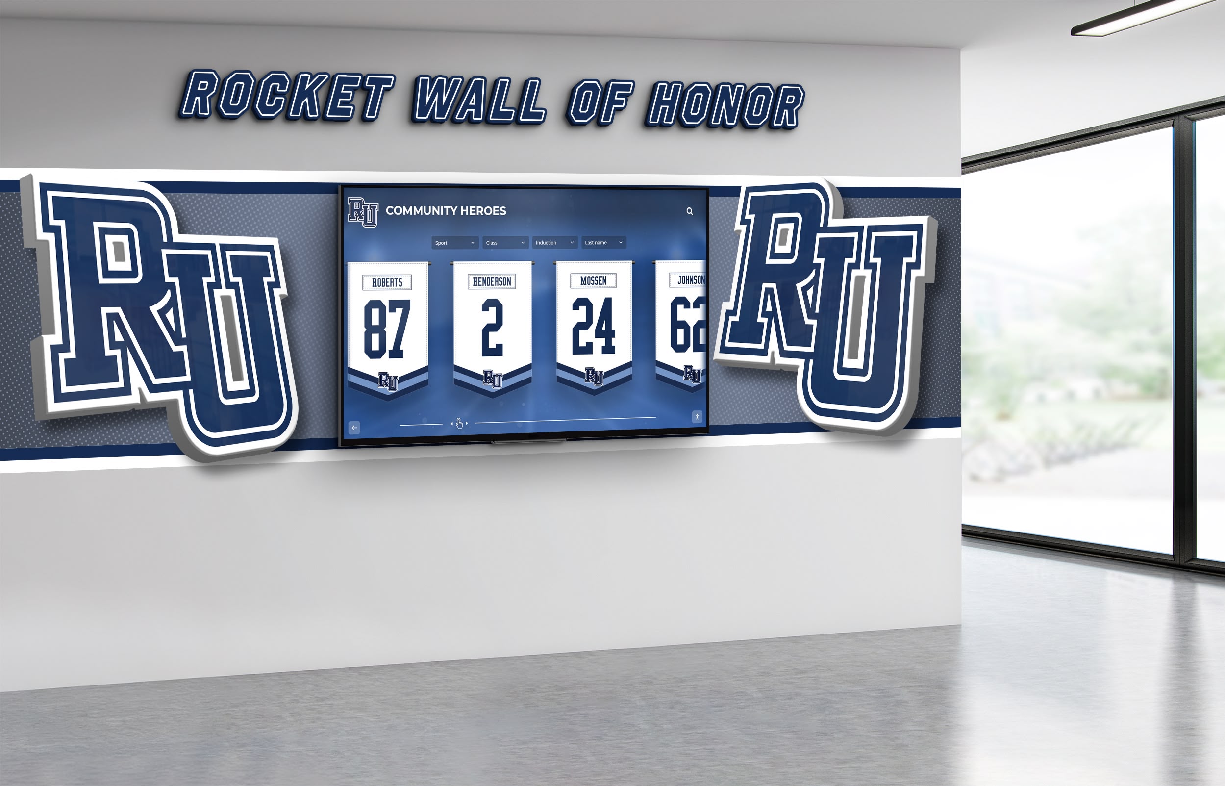 Wall of digital displays showing team content