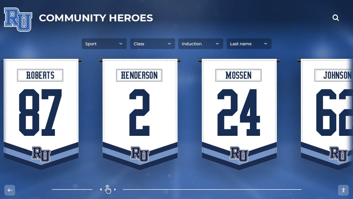 Community heroes digital banner display with jersey numbers and RU logo