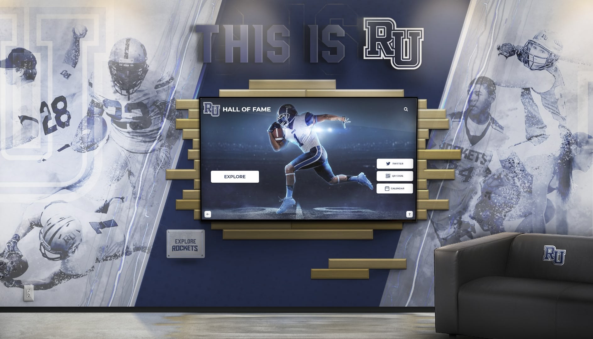 School lobby featuring interactive hall of fame touchscreen display integrated with football athletic mural Rocket Hall of Fame interactive screen with football mural in school lobby