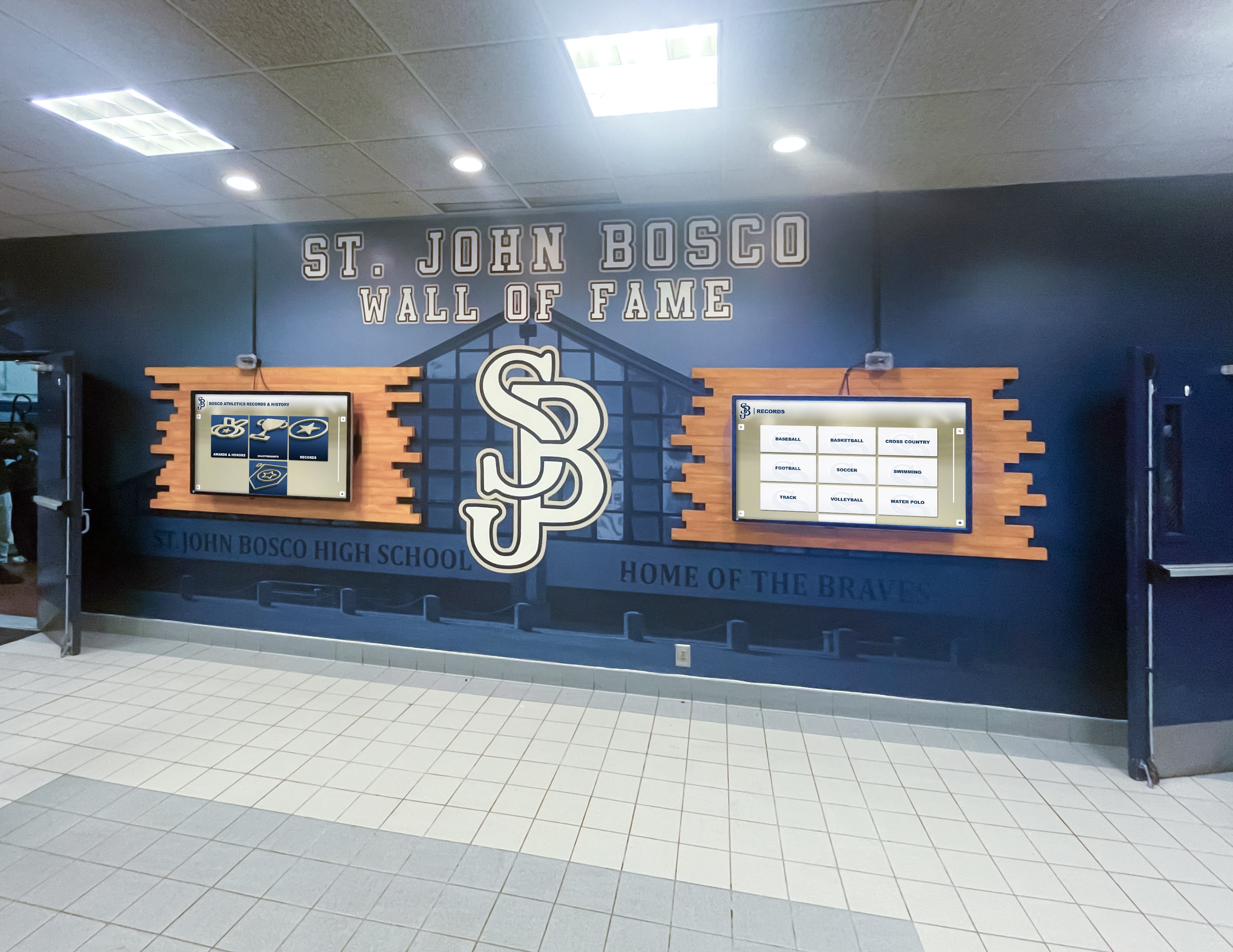 St. John Bosco wall of fame installation featuring dual digital screens in school hallway St. John Bosco wall of fame with two digital screens in hallway