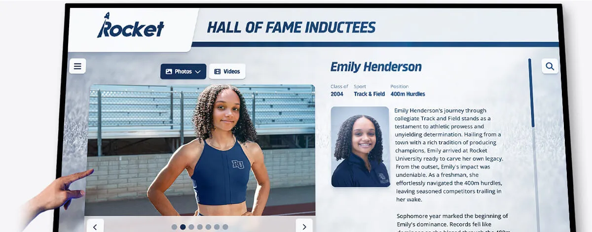 Emily Henderson track and field athlete recognized on touchscreen hall of fame display Touchscreen hall of fame display Emily Henderson track hurdles
