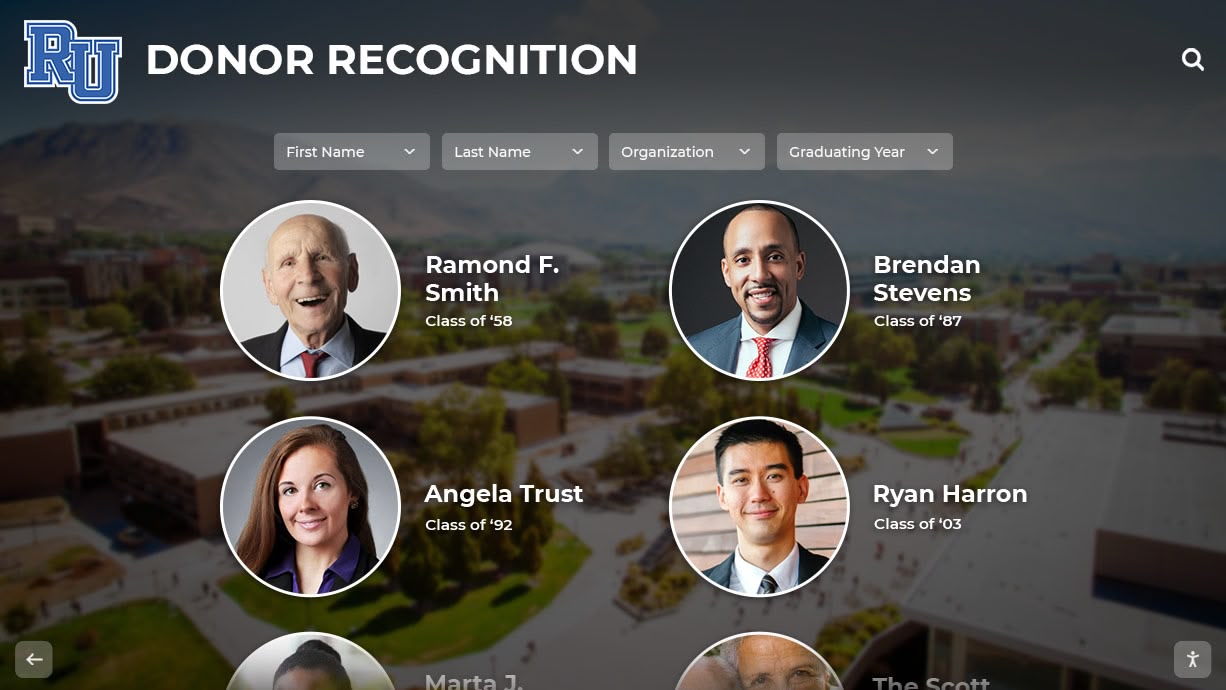 University donor recognition alumni portraits campus background